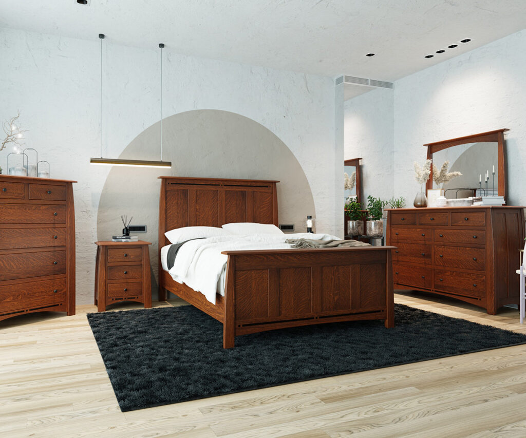 A cozy bedroom with a neatly made bed at the center, a dresser with a mirror to the right, a night stand to the left, and black rug underneath the bed