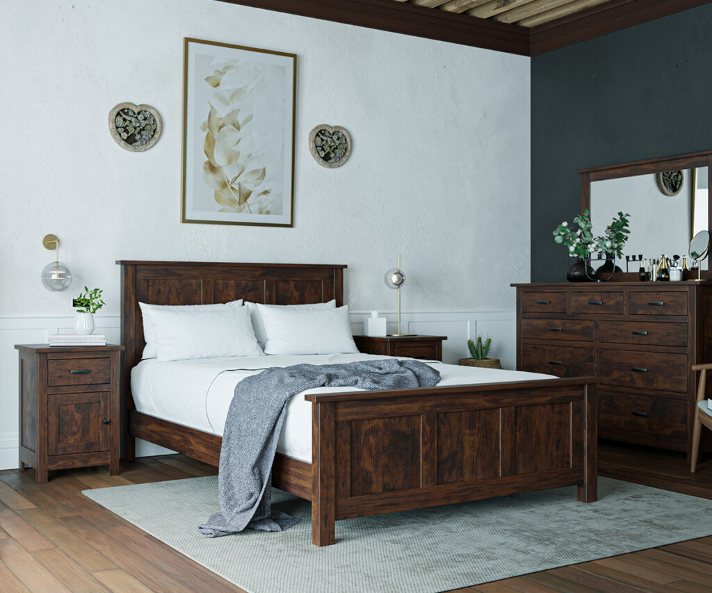 Cozy bedroom featuring a bed in the center, dresser against the wall on the right, and nightstand to the left, and painting hanging above the bed