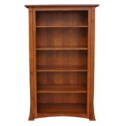 A tall wooden bookcase featuring five spacious shelves, elegantly designed for displaying books and decorative items